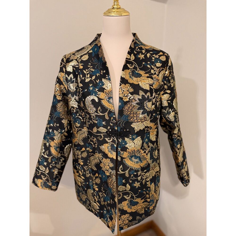 Soft Surroundings Petite Luna Jacquard Jacket PM Black Gold Teal Brocade NWT